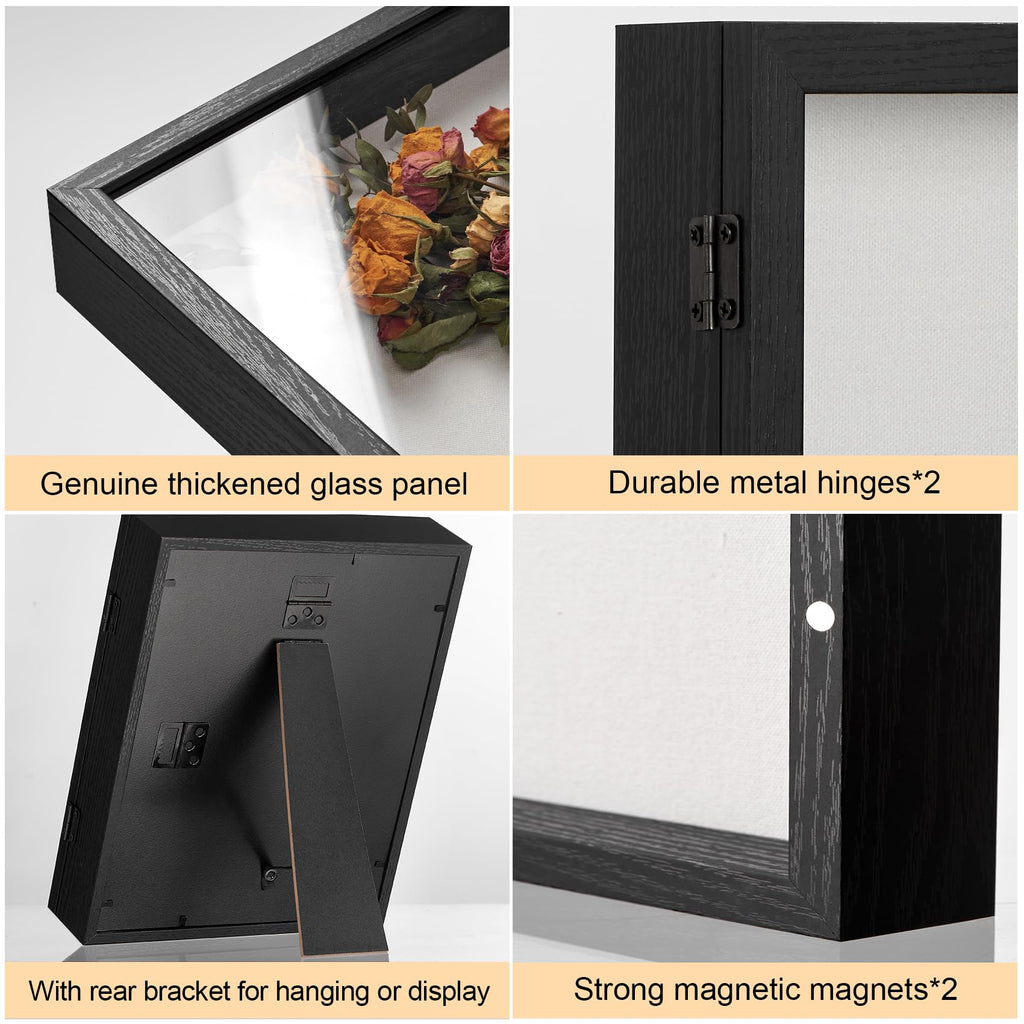 SPESFUTA 8x10 Deep Shadow Box Picture Frame Display Case with Linen Back and Stand,Real Glass Black Shadow Memory Box Frame 8x10 for Flower Baby Pet Wedding Photo Art Craft Memorial Wall Decor Gift