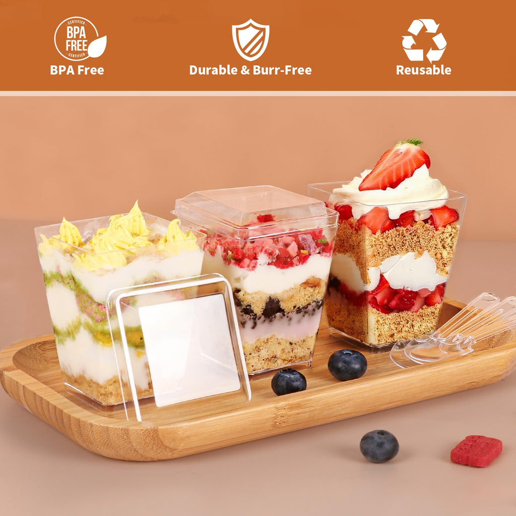 LifeIdeas 150 Pcs Mini Dessert Cups with Spoons and Lids, 5 Oz Square Vasitos Para Postres, Shooters Cups for Party, Clear Yogurt Parfait Cups for Pudding, Fruit, Mousse, Snacks & Appetizers