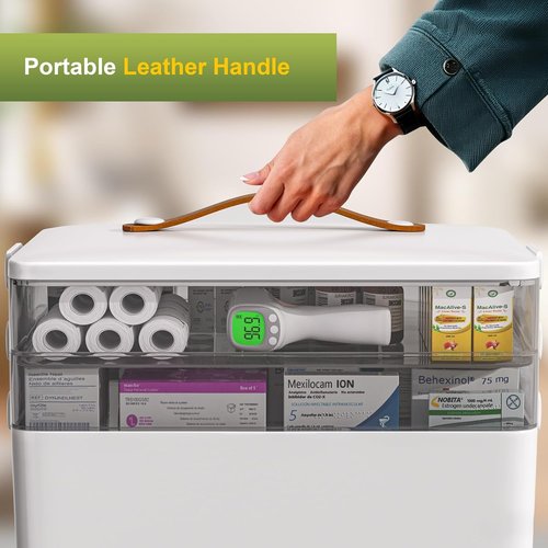 JOYBOS 3-Tier Medicine Storage Box - Portable First Aid Kit Organizer with Leather Handle for Home Use