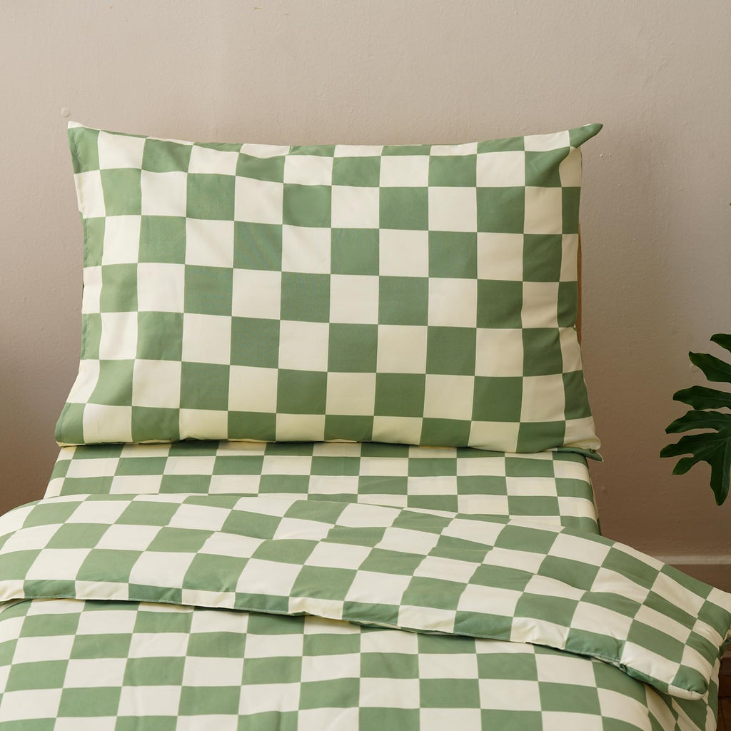 Wellboo Green White Plaid Toddler Bedding Sets for Girls Boys Sage and White Checkerboard Grid 4 Pieces Soft Crib Bed Set Including Comforter, Sheets and Pillowcase Kids Checkered Geometric Quilt