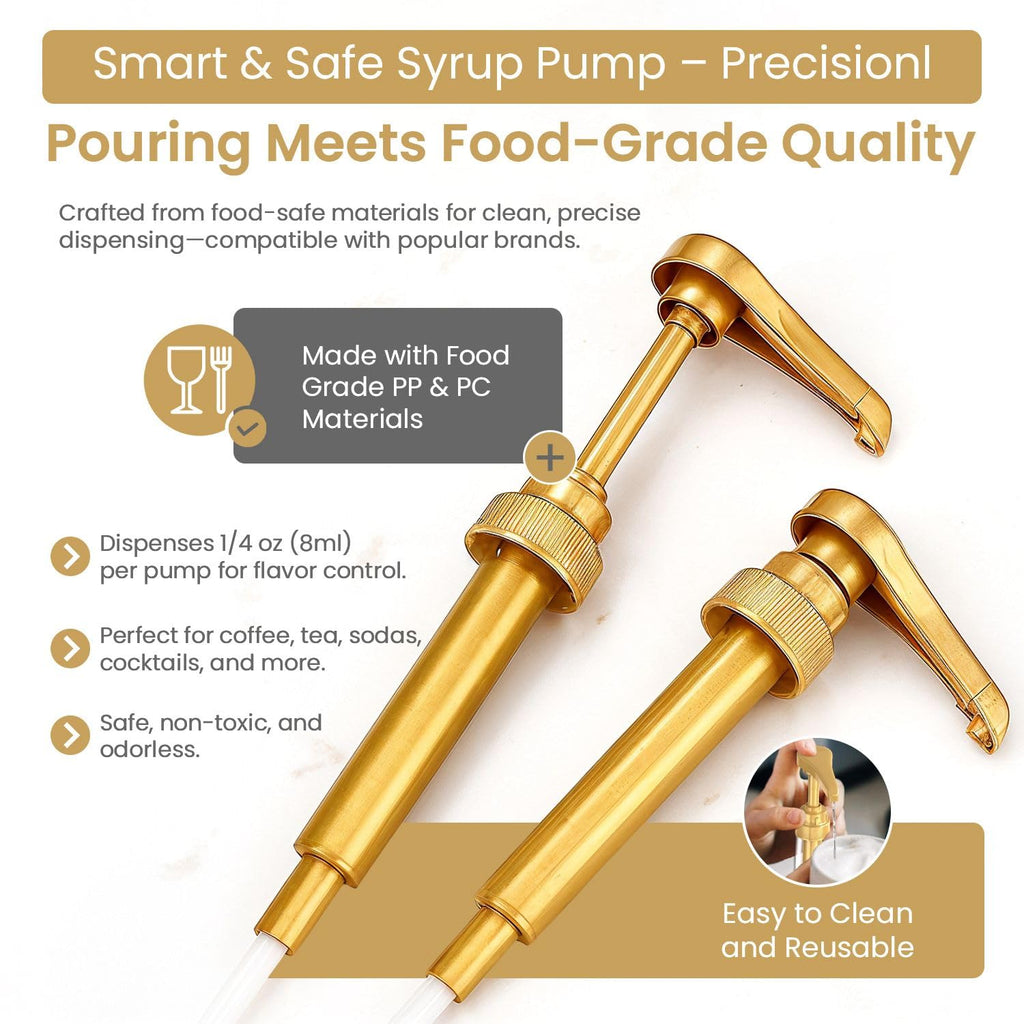 Skiennix Gold Plastic Syrup Pumps - 2-Pack for 750ml Bottles - Ideal Coffee Dispenser, Not for Glass
