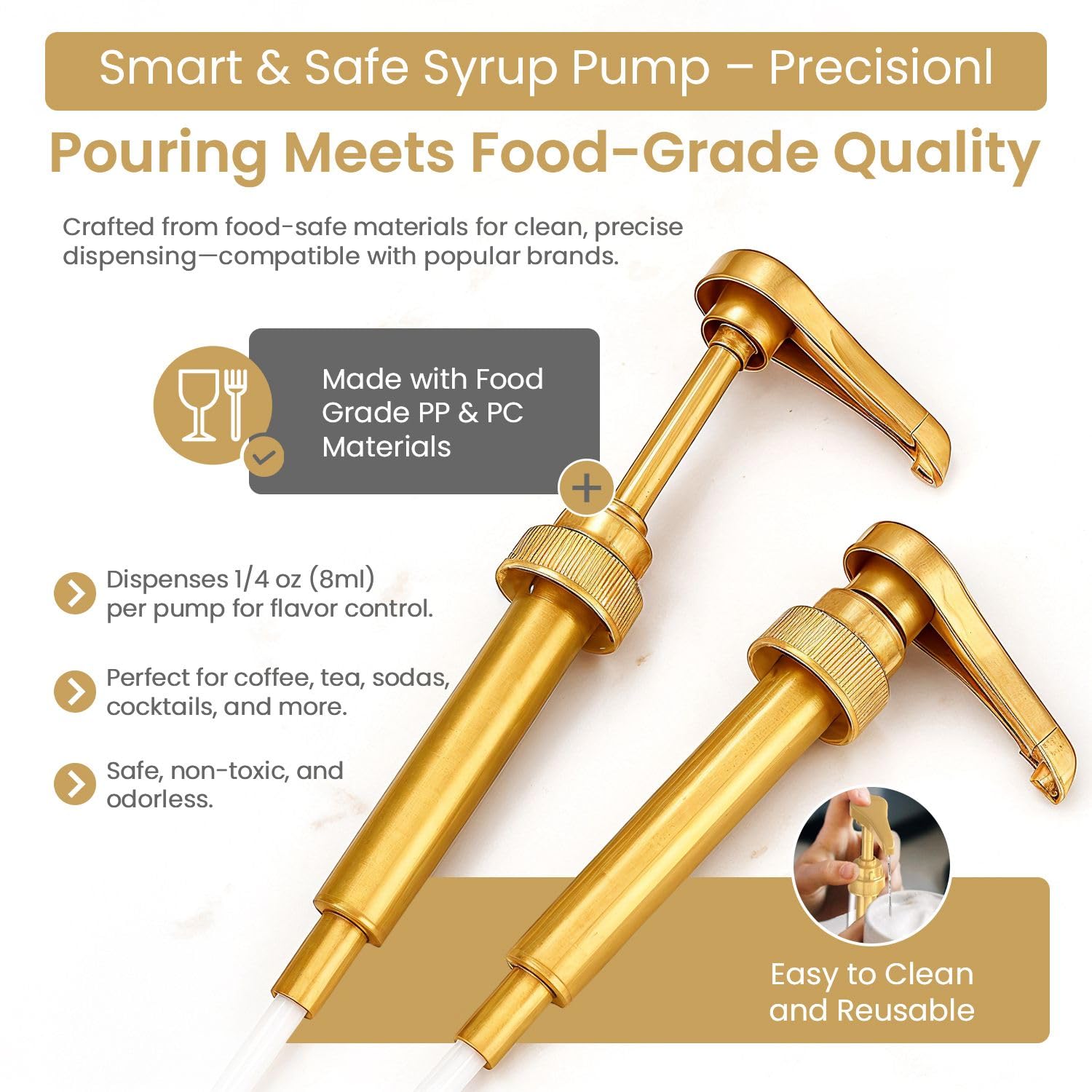 Skiennix Gold Plastic Syrup Pumps - 2-Pack for 750ml Bottles - Ideal Coffee Dispenser, Not for Glass
