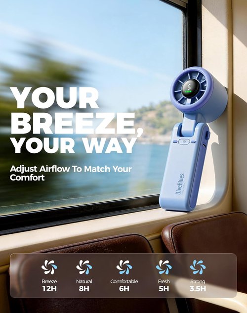 Diveblues Portable Handheld Turbo Fan - 5-Speed Wind | Battery Operated, 12-Hour Runtime, 3-in-1 Cooling Solution for Travel & Outdoor Use