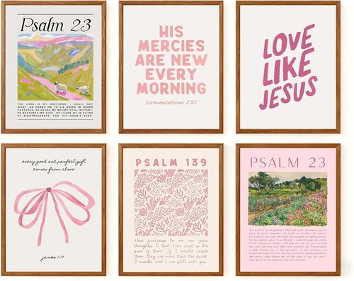 Christian Canvas Wall Art by Pink - Set of 6 Bible Verse Prints | Trendy Religious Decor for Girls' Room