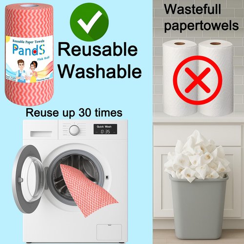 Reusable Paper Towels Washable, 60 Cts Disposable Kitchen Cloths for Cleaning Counters, Multi-Purpose, Pink Roll