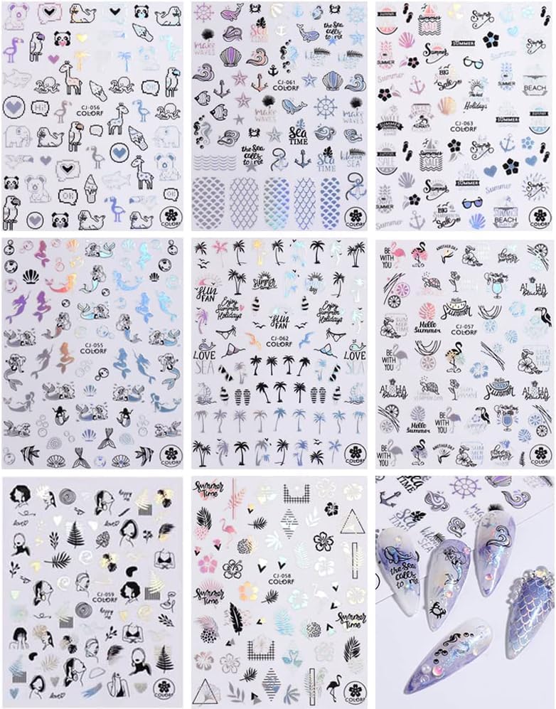 Qdsuh Summer Nail Decals - Holographic Palm Tree & Tropical Stickers, 8 Sheets