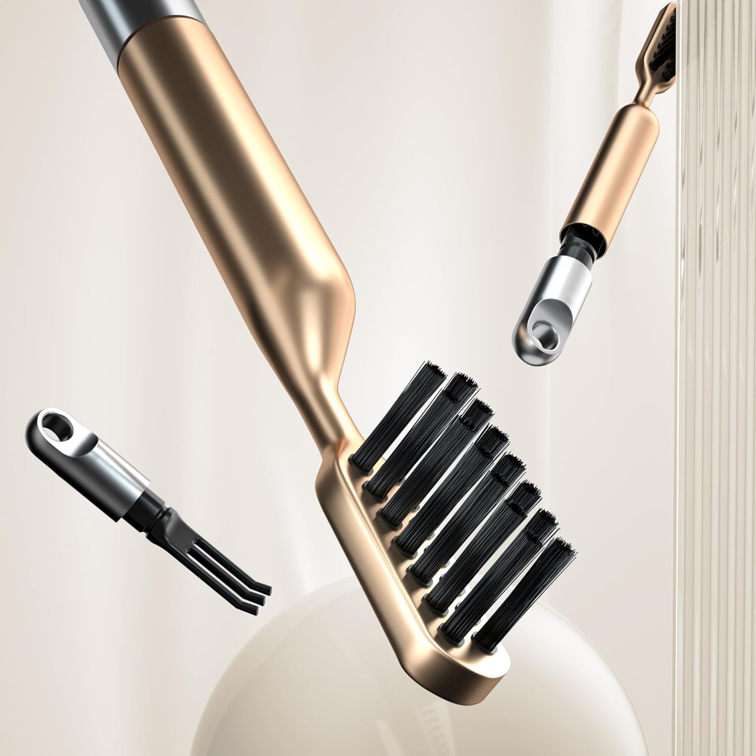 Skiennix 2-in-1 Hair Brush Cleaner - Nylon Bristles & 3-Pronged Rake for Easy Tangled Hair Removal - Compact Gold Design