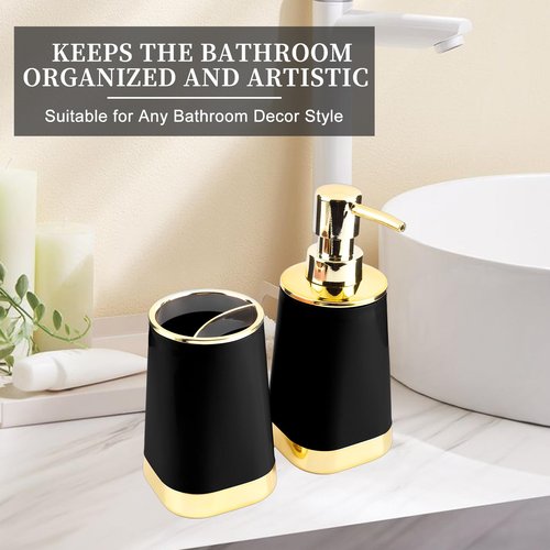 Bathroom Accessories Set, 2Piece Black and Gold Bathroom Accessories Include Soap Dispenser and Toothbrush Holder for Modern Bathroom Decor