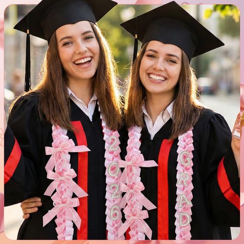 JATEBI 9 Pcs Coquette Graduation Leis&Cords Set 59 Inch Pink Ribbon Lei with Pearl Bows and Patches for 2026 Graduate Gifts