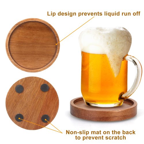Rustic Wooden Coasters Set of 8 Farmhouse Coffee Table Decor Acacia Wood Drink Coaster with Holder Modern Outdoor Bar Cool Cup Costers Kitchen Accessories Decoration Home Dining Coasters Gift
