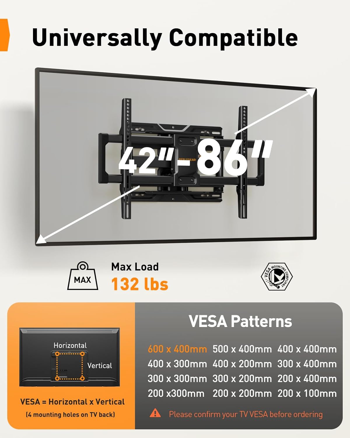 Perlegear Full Motion TV Wall Mount - Heavy Duty Bracket for 42-86 Inch TVs, Swivel & Tilt, Max VESA 600x400mm