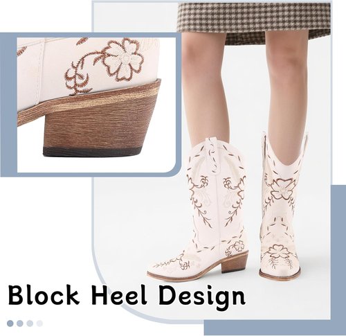LingxiaUne Western Cowboy Boots - Stylish White Mid Calf Cowgirl Boots with Bow | Comfortable Chunky Heel for Women
