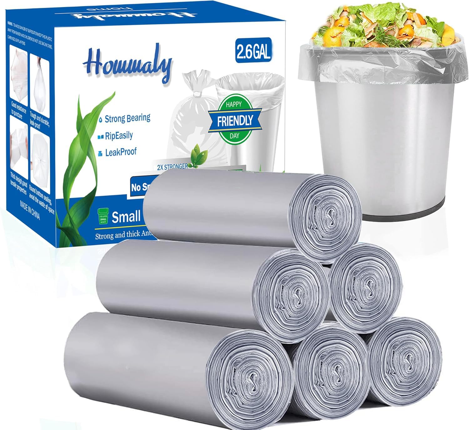 Hommaly 2.6 Gallon Grey Trash Bags, 300 Count, Waste Bag, Can Liners, Garbage Bags