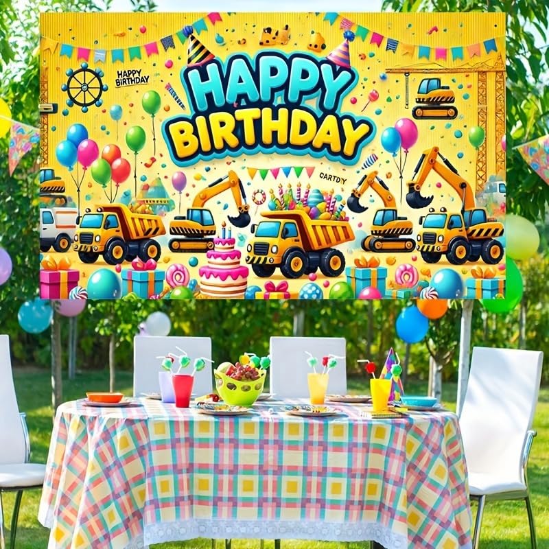 Construction Vehicle Birthday Backdrop Banner - 70.8 x 43.3 in
