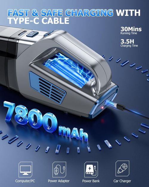 BQYPOWER Cordless Handheld Vacuum - 16000PA Strong Suction, Rechargeable with Accessories for Home & Car