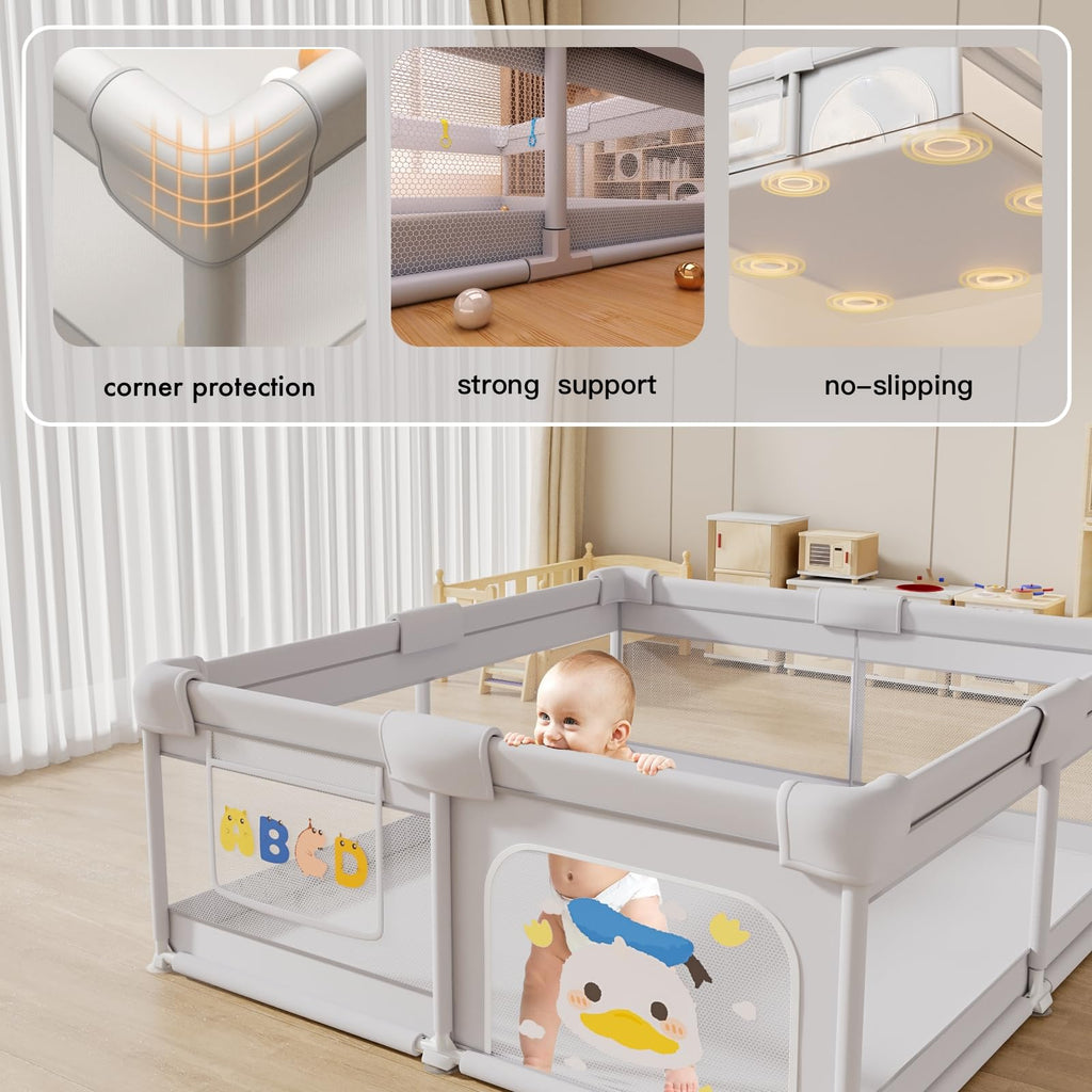 Baby Playpen Baby Playard for Babies and Toddlers, Indoor & Outdoor Kids Activity Center, Sturdy Safety Anti-Fall Play Yard with Soft Breathable Mesh, Kid's Fence for Infants Toddlers, Grey, 71″×47″