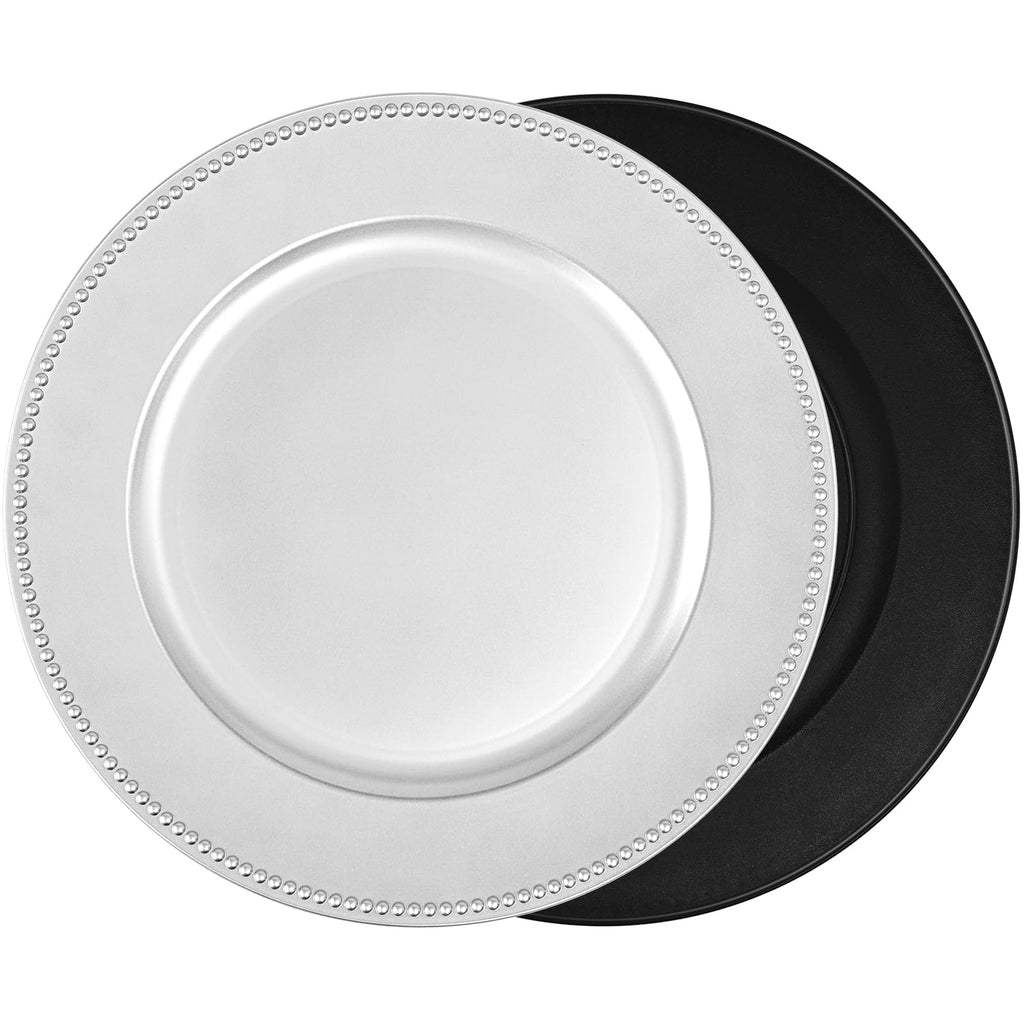 24 Pcs Silver Charger Plates Bulk,13" Round Beaded Plate Chargers for Dinner Plates, Decorative Dinner Charger Plastic Table Chargers for Wedding Holiday Party Baby Shower Event Decoration (Silver)