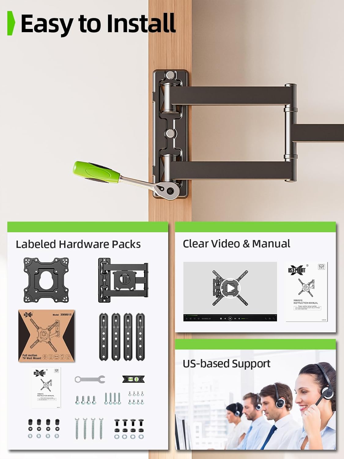 USX Mount TV Wall Mount - Full Motion Bracket for 26-60 Inch TVs, Swivel & Tilt, Max VESA 400x400mm