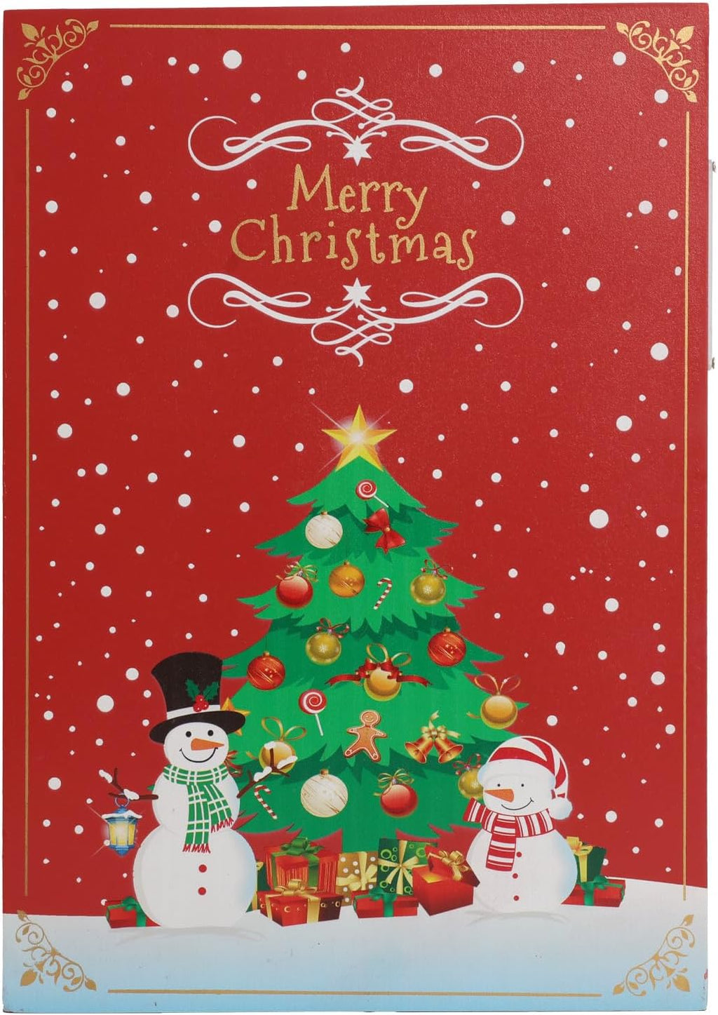 Skiennix Christmas Wooden Advent Calendar - LED Lighting, Red Snowman & Santa Design, 24 Drawers for Holiday Countdown