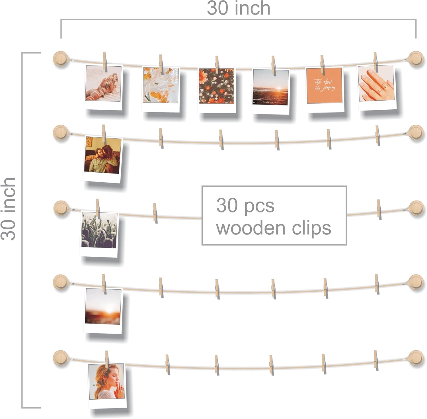 PhotoWall Hanging Photo Display | Sculptural Picture Frames Collage - 5 Strings, 30 Clips, 3M Hooks - 30 x 30 Inch