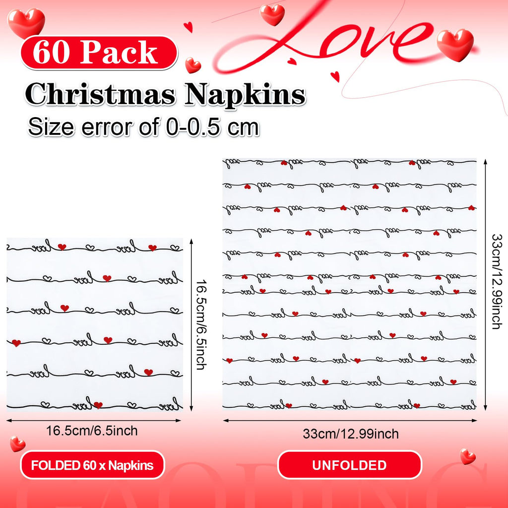 Feifeiya 60 Pcs Valentines Heart Cocktail Paper Napkins 6.5 x 6.5 Inches Love Heart Disposable Paper Napkins for Decoupage Dessert Beverage Tissue for Wedding Anniversary Party Tableware Party Supplie