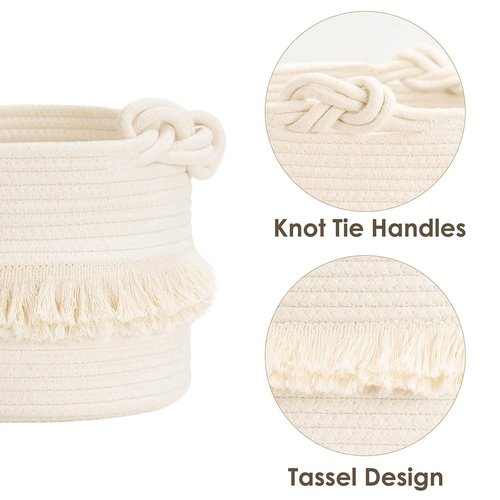 CherryNow Woven Storage Baskets - 9.5'' x 7'' Cotton Rope Hamper for Diapers, Blankets & Keys | Off-White with Cute Tassel