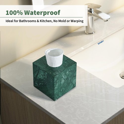 Real Natural Marble Tissue Box Cover, 5.5 Inch Square Marble Tissue Box Holder with Open Bottom, Heavy Stone Decorative Organizer for Bathroom Vanity, Kitchen Countertop, Luxury Home Décor