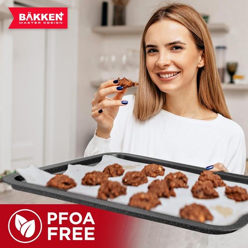 BAKKEN Nonstick Baking Pans - Commercial Grade Carbon Steel Cookie Sheet, 13.18" x 8.66", Oven Safe to 450°F, Gray Marble