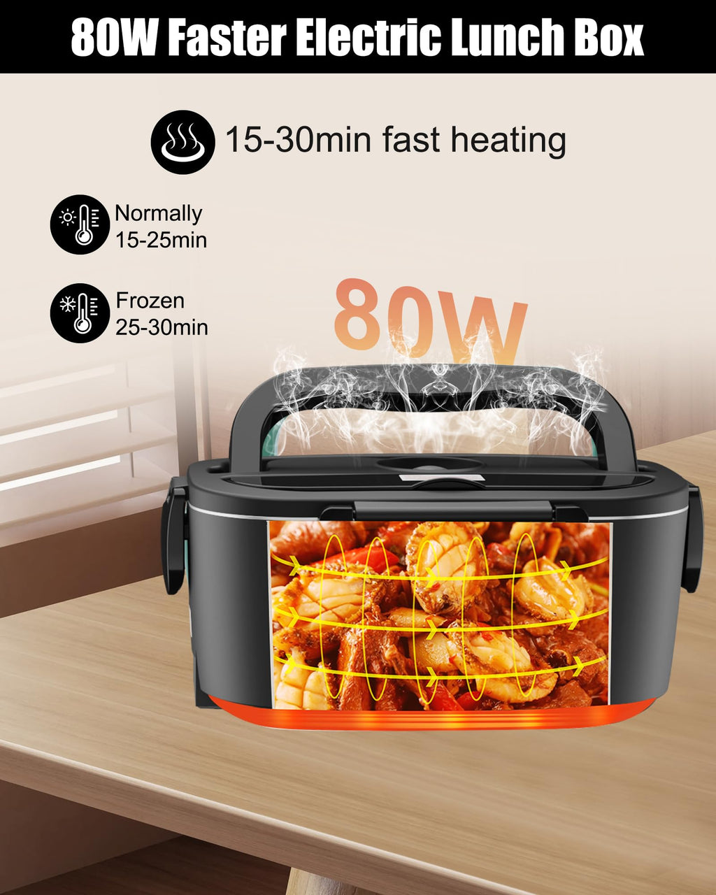 Buddew Electric Heated Lunch Box, 80W Fast Heating with Dual 1.5L Food-Grade 304 Stainless Steel, 12V/24V/110V Portable Food Warmer for Car Truck Office Adults, Lonchera Electrica Portatil (Black)
