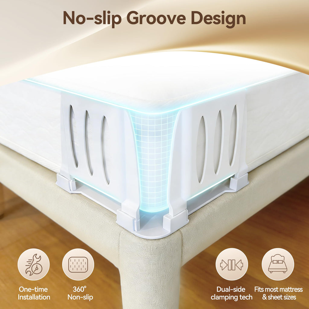 QWUE Bed Sheet Holders for Corners, Upgrade Dual-side Locks Keep Firm & Tight, Lock Sheets Holders, Non-slip Sheets Grippers, Heavy Duty Bed Sheet Clips Fits All Mattress Sizes Easy Install