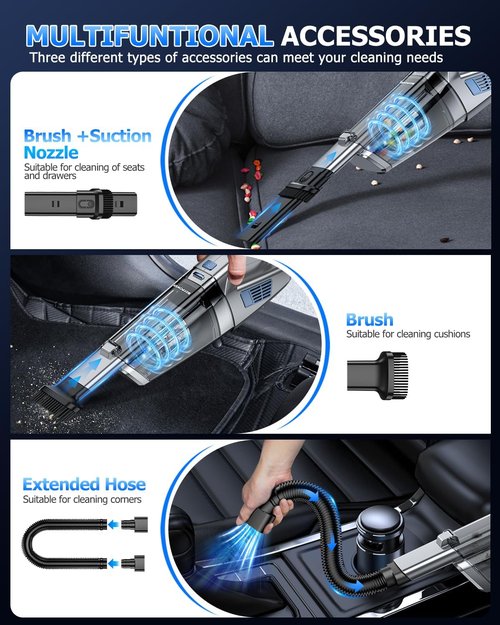 BQYPOWER Cordless Handheld Vacuum - 16000PA Strong Suction, Rechargeable with Accessories for Home & Car