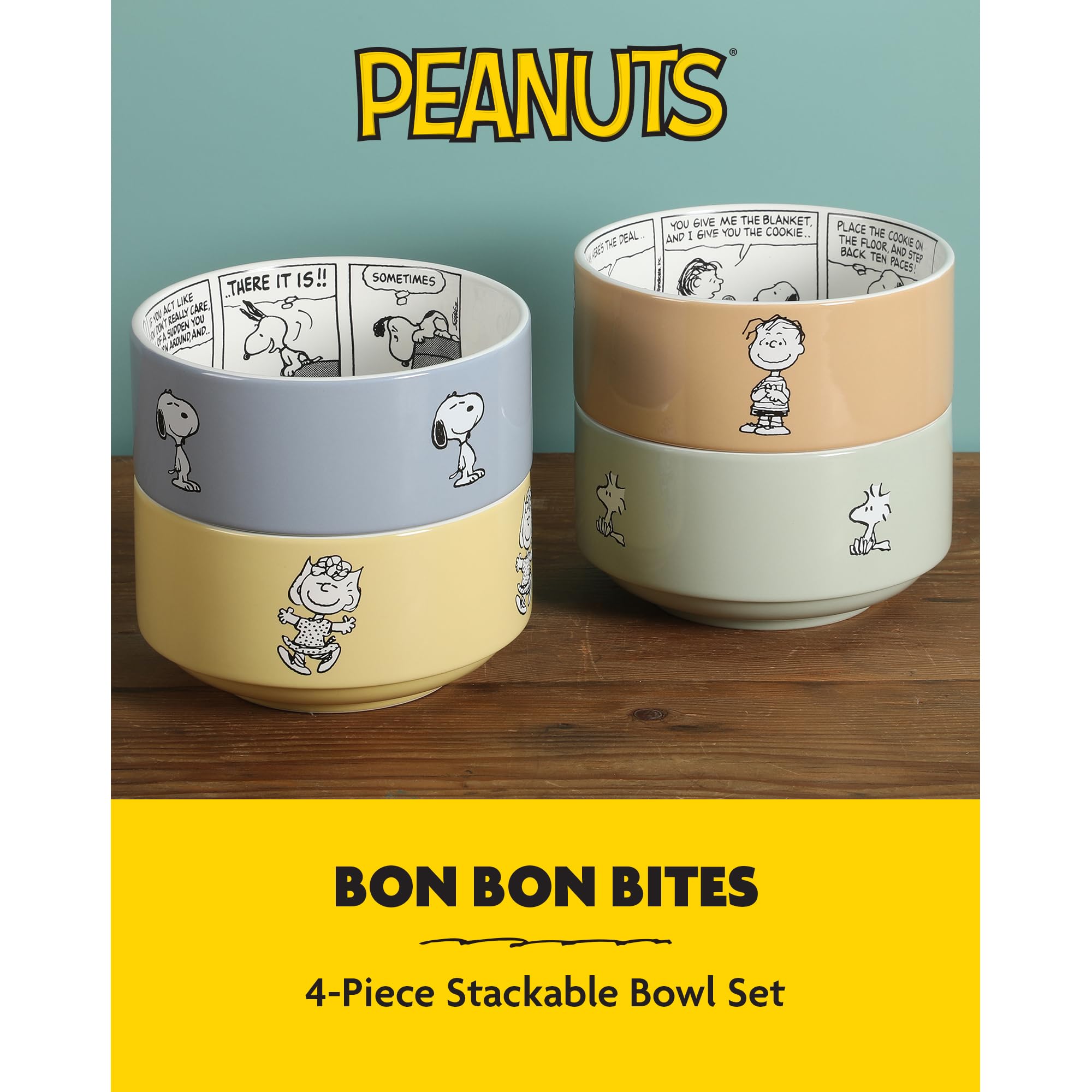 Peanuts Snoopy Bonbon Bites 4-Piece 5.5-Inch Decorated Stoneware Ceramic Stackable Bowl Set, Microwave & Dishwasher Safe Snack and Dessert Bowls