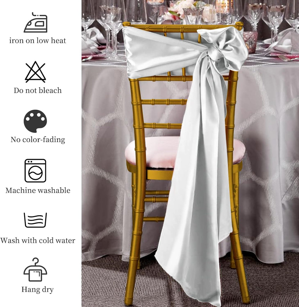 Showgeous Silver Satin Chair Sashes - 60 PCS Decorative Bows for Weddings & Events | 7 x 108 Inch