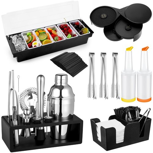 Mifoci 23 Pcs Bartender Supplies Kit Garnish Tray for Bartenders with Bar Caddy 3 Tier Salt Rimmer 13 Pcs Cocktail Shaker Set and Bar Accessory for Christmas Bartender Gifts Beginners(6 Compartments)