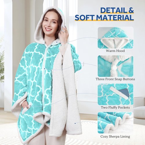 Sealy Wearable Heated Throw Blanket, Flannel & Sherpa Electric Throw Shawl Poncho with Hoodie & Pocket, 6 Heating Levels & 2-10 Hours Auto Shut Off, Machine Washable, 50x60 Inch, Light Blue