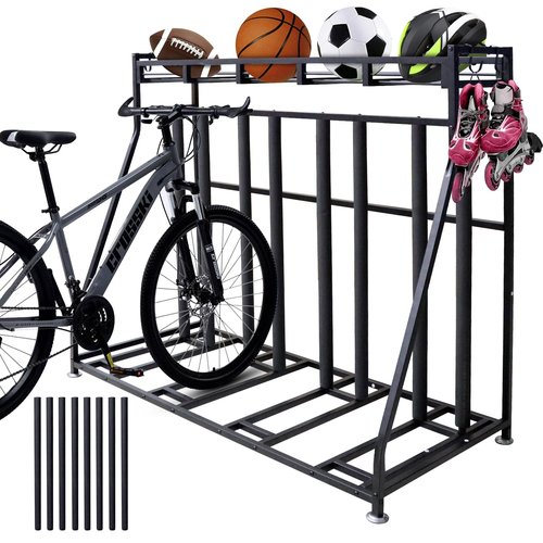 4 Bike Stand Rack with Storage – Bike Rack Floor Stand- Garage Organizer - 2024 Upgrade Tube Diameter 19mm with 8 Sponge Columns - Indoor Bike Storage for Parking Road, Mountain, Hybrid or Kids Bikes