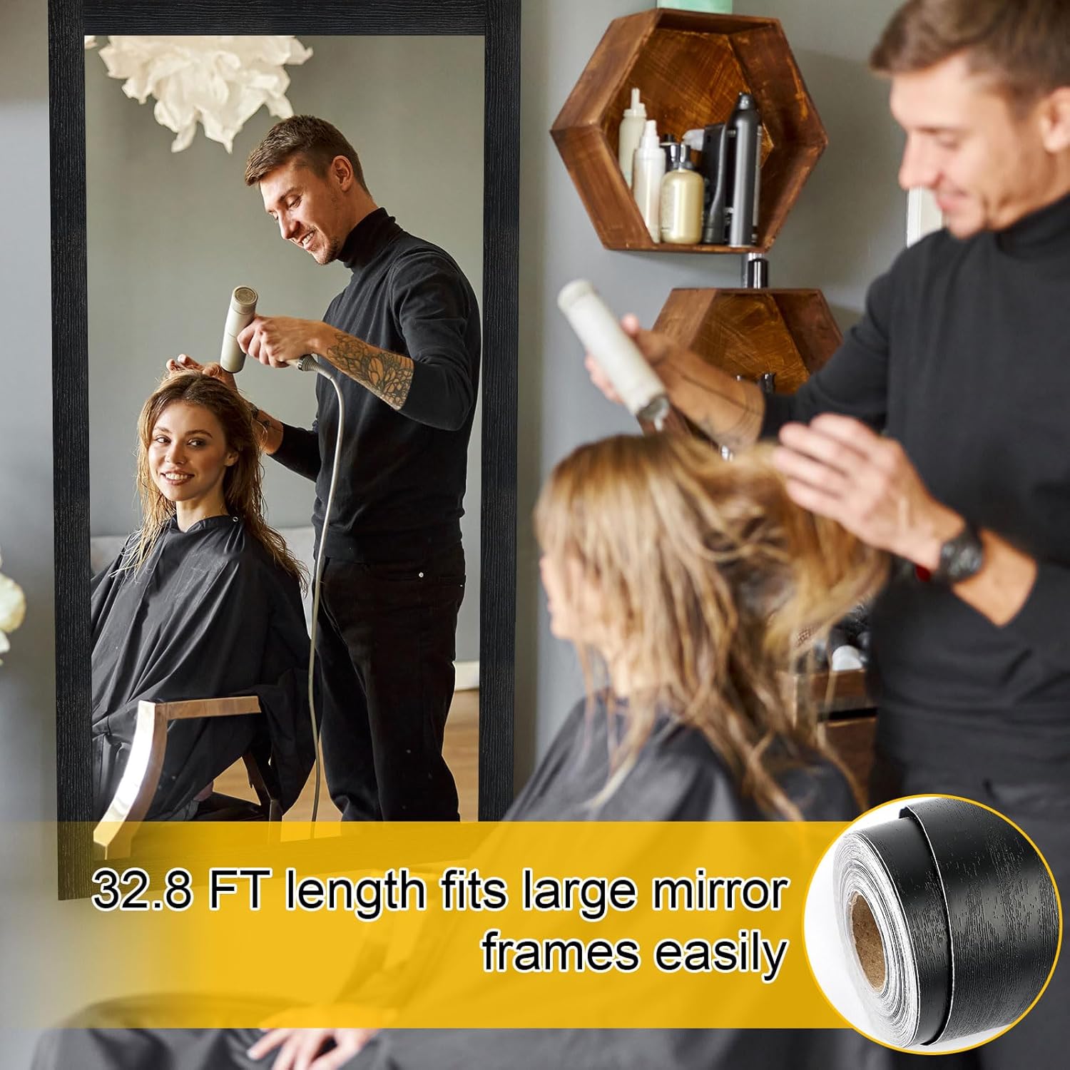 Peel & Stick Black Wood Grain Wallpaper Border by [Brand Name] | 32.8 FT x 3.93 Inch Bathroom Mirror Frame
