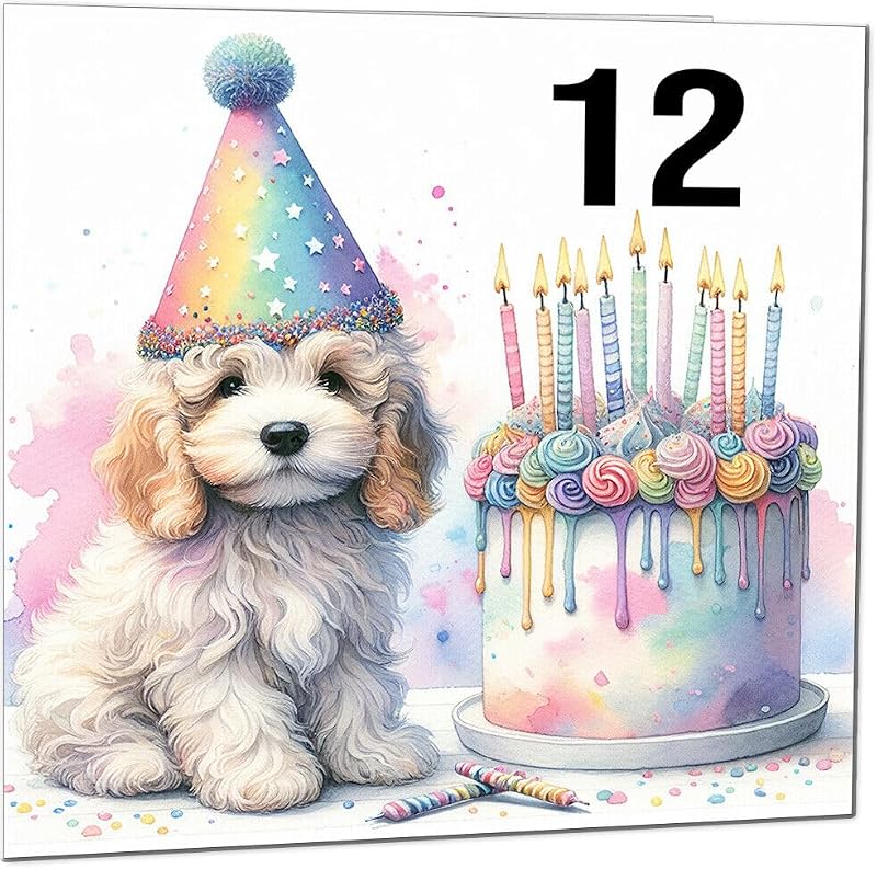 Kids 12th Birthday Card - Cute Dog Watercolour Design