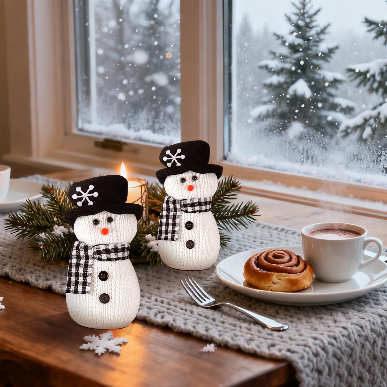 SmoothNovelty 2 Pcs Winter Snowman Plush Toys 6'' Snowman Figurines with Black and White Checkered Scarf Christmas Snow Man Table Centerpieces for Holiday Winter Home Table Fireplace Decor