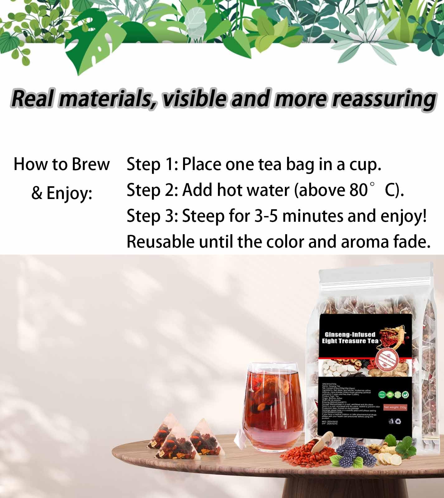 Ginseng Eight Treasure Tea Bags, Sweet Herbal Blend with Ginseng, Goji Berry, Red Dates & Barley, Natural Kidney Cleanse Detox Tea, Precious Ingredients Formula, 20 Teabags (1)