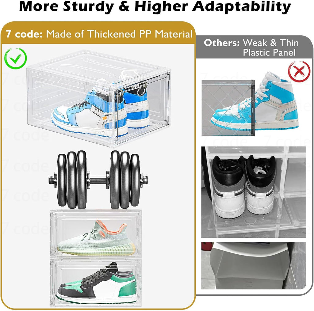 Skiennix Clear Shoe Storage Organizer - Sturdy Stackable Boxes with Magnetic Door | 6 Pack, White