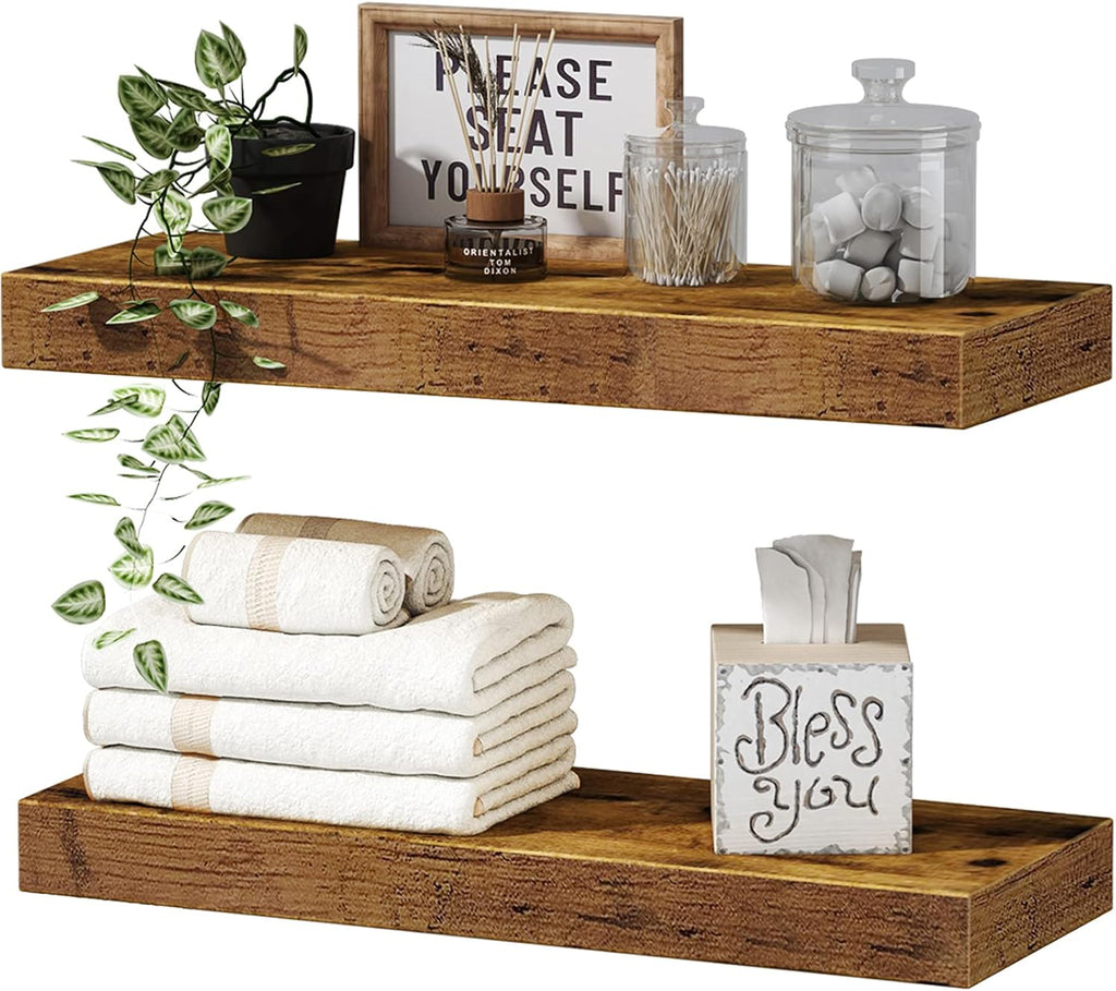 QEEIG Floating Shelves Set of 2 - 16 Inch Farmhouse Design & Over Toilet Storage Bundle
