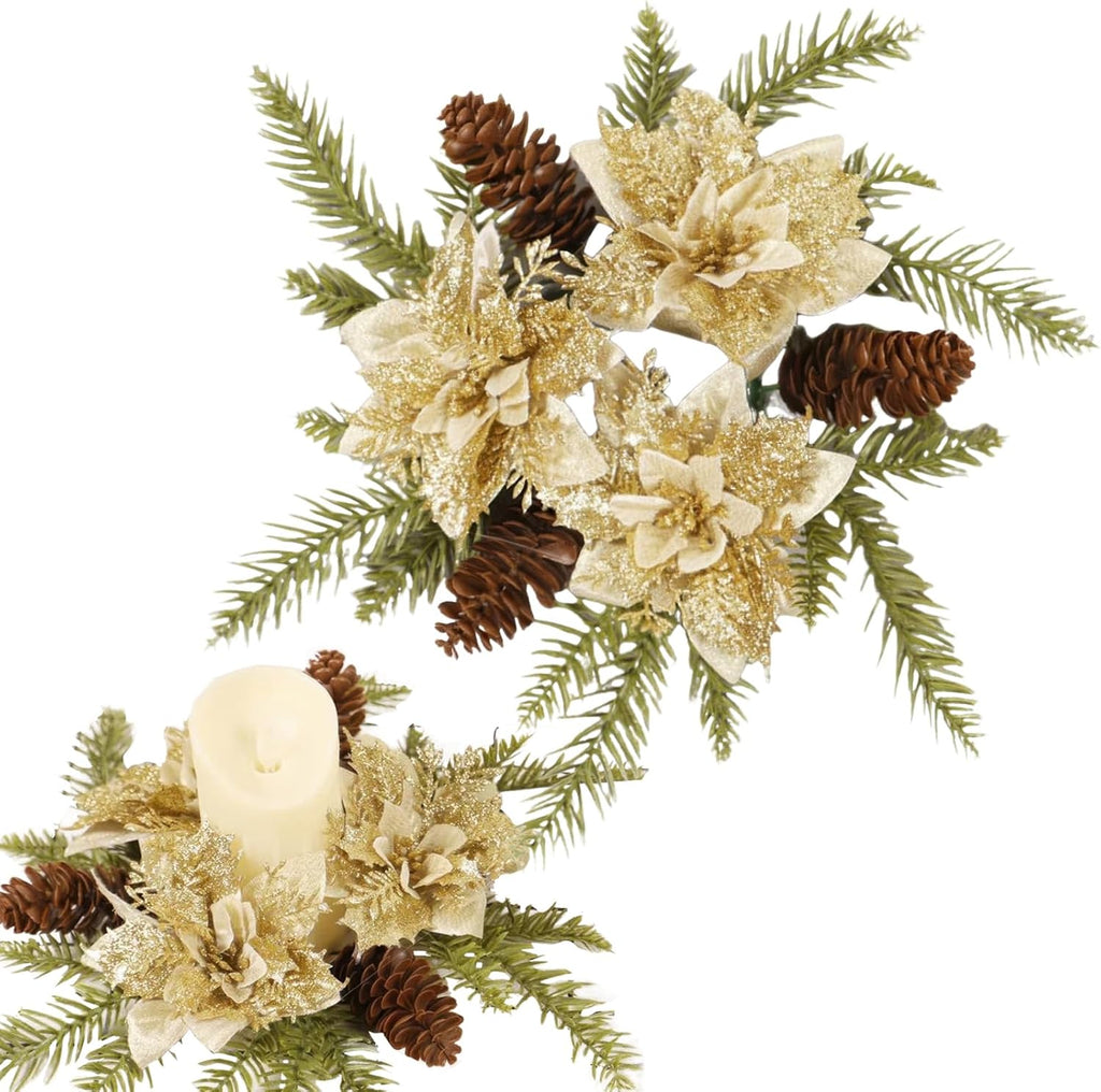 Regine Switzerland Christmas Candle Ring Wreath - Gold Glitter Poinsettia & Pinecone Decoration for Holiday Tables