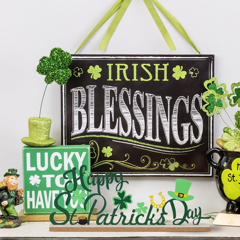 MEETYAMOR St Patricks Day Decorations, Wood Metal Happy St Patricks Day Sign for Table Decor, Farmhouse Rustic St Patricks Day Decorations for The Home, Kitchen, Mantle, Shelf