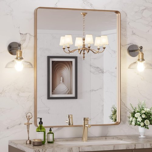 LOAAO Gold Bathroom Mirror - 28”X36” Rounded Rectangle Design | Wall-Mounted, Anti-Rust Tempered Glass