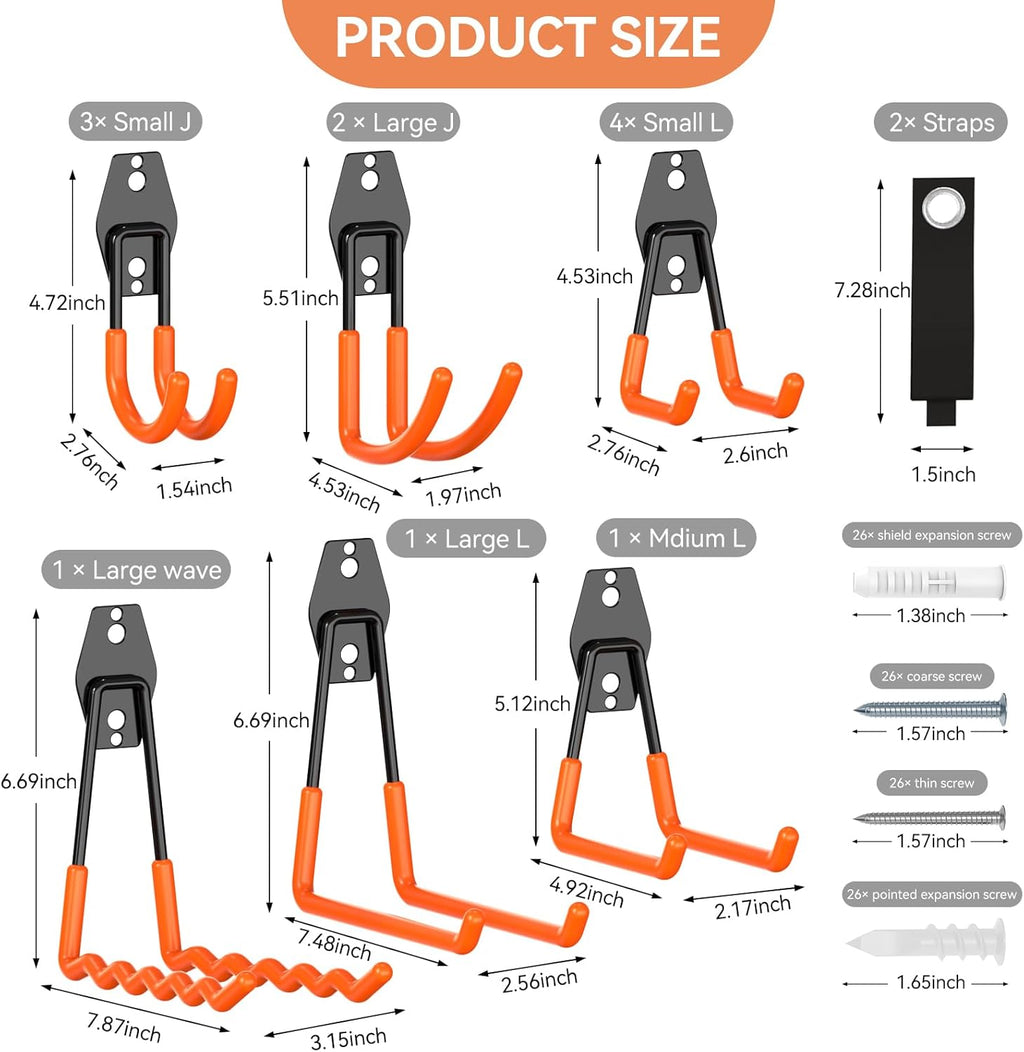 Skiennix Heavy Duty Garage Hooks - 14 Pack Steel Wall Mount Tool Organizer for Bikes, Ladders & Garden Tools