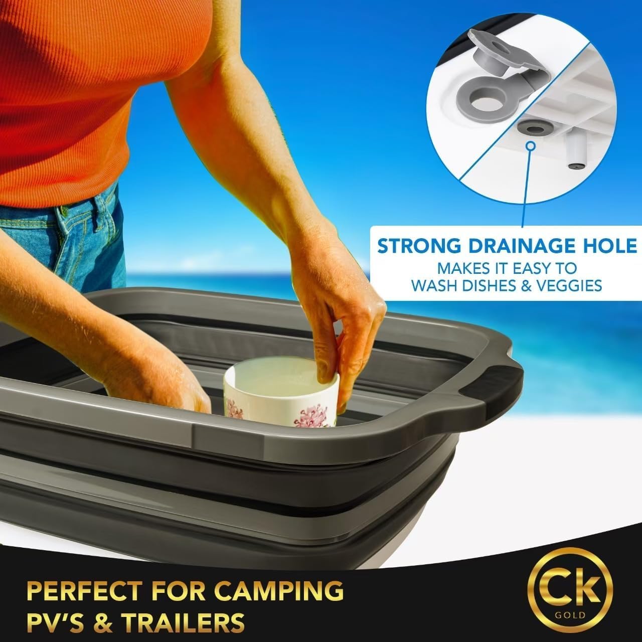 CK GOLD New XL Collapsible BBQ Prep Tub with LOCKING Lid, Cutting Board & Drain Hole | BPA-Free, Food-Grade, Space-Saving Marinating Container for Grilling, Kitchen & Outdoor Cooking (Black, 30 L)