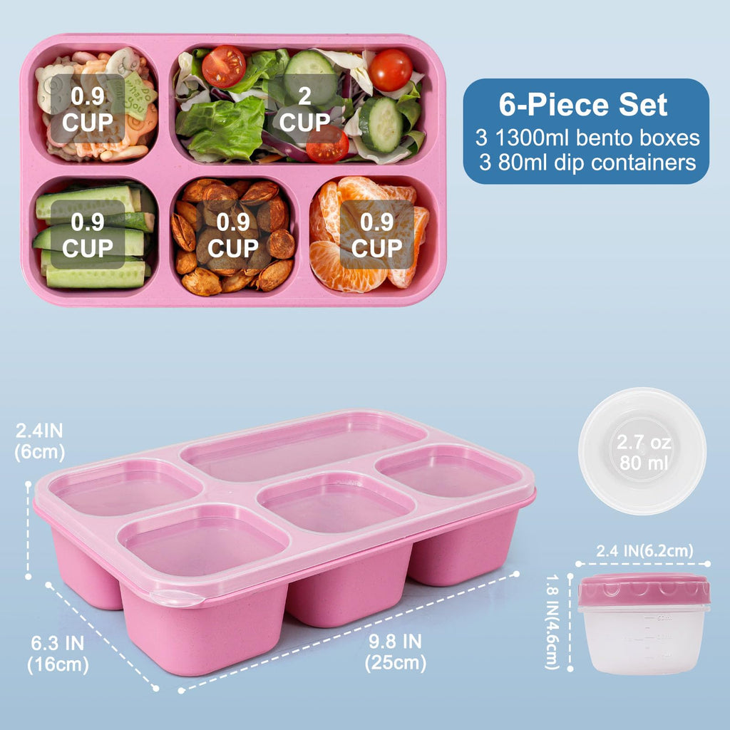 Caperci Bento Box Adult Lunchable Container - Reusable 3-Pack Snack Box Containers with 5-Compartment & 3pc Dressing Cups, BPA-Free Food Storage for Meal Prep, School, Work (Dark & Clear Lids)