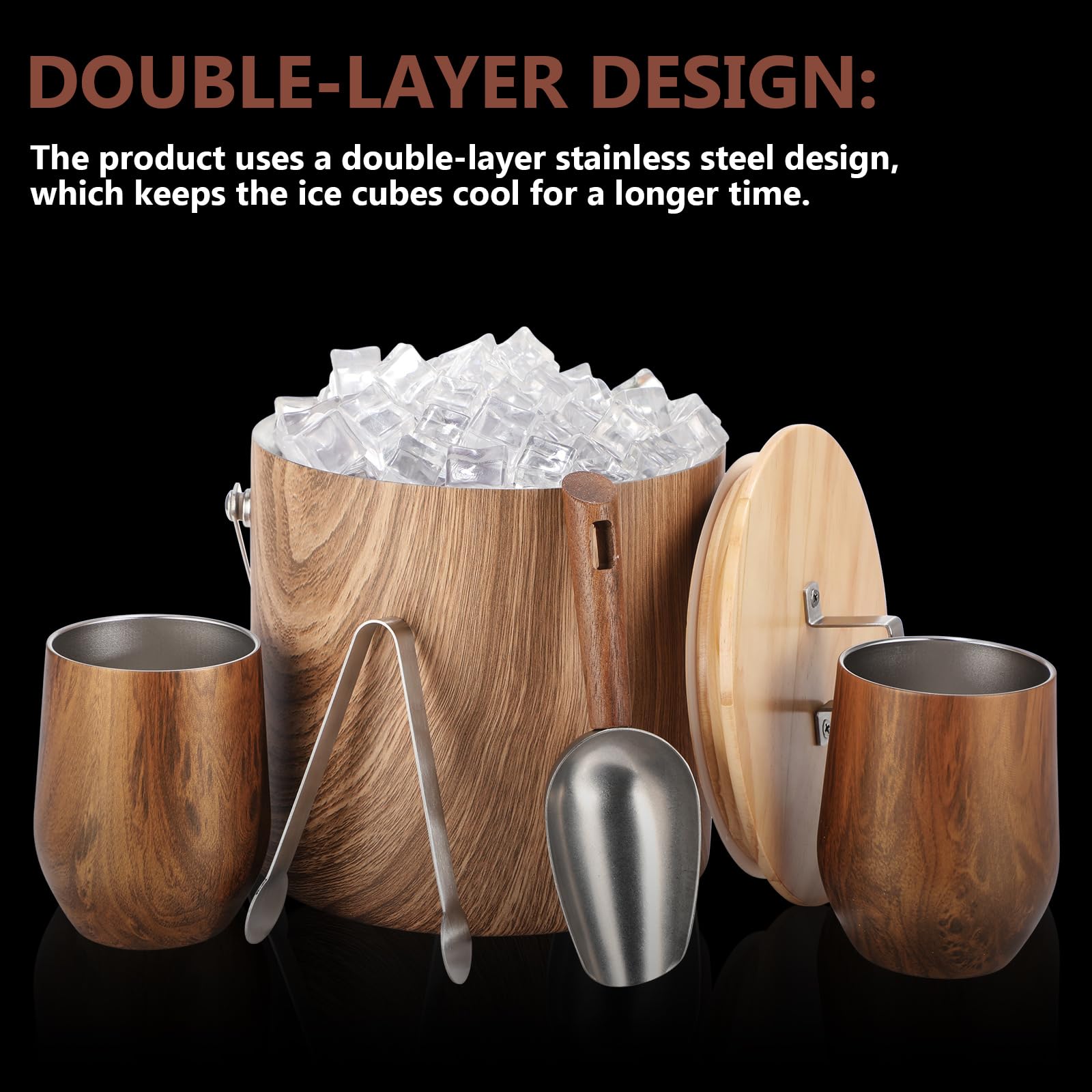 Meekoo Stainless Steel Ice Bucket for Parties,3L Double-wall Vacuum Insulated Ice Bucket with Lid, Scoop, Tong, and 4 Wood Texture Cups for Champagne, Cocktail, Home Barware, Bar, Outdoor Supplies
