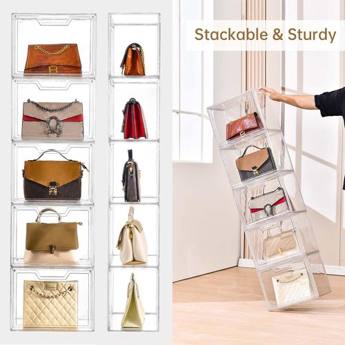 Freebat Stackable Storage Bins - Clear Acrylic Display Cases | 5-Pack for Handbags & Collectibles
